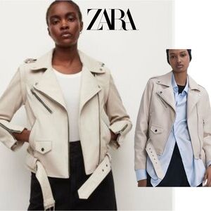 Zara cream ecru faux leather Moto biker jacket coat Sz XL casual Streetwear